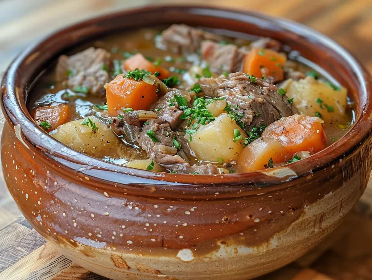 A rustic, steaming bowl of Slow-Cooked Lancashire Hotpot