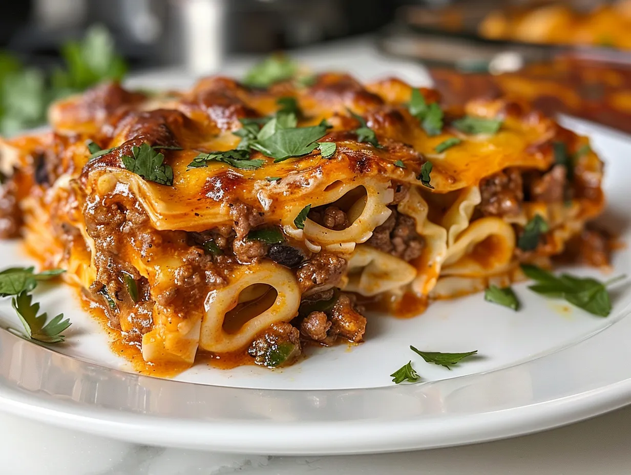 Cheesy Beef Enchilada Tortellini plated, warm and inviting