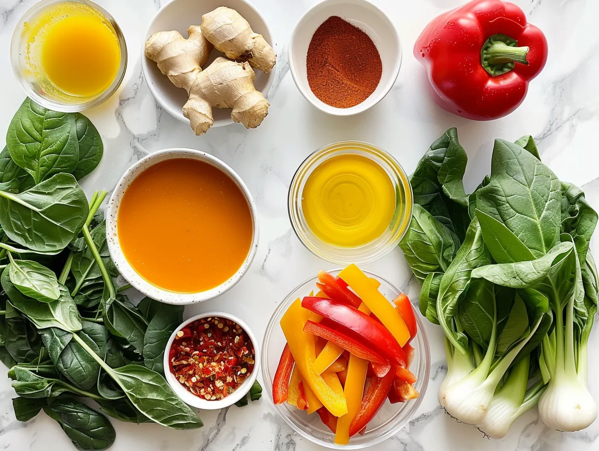 Fresh ingredients like red curry paste, ginger, and vegetables for making Red Curry Dumpling Soup