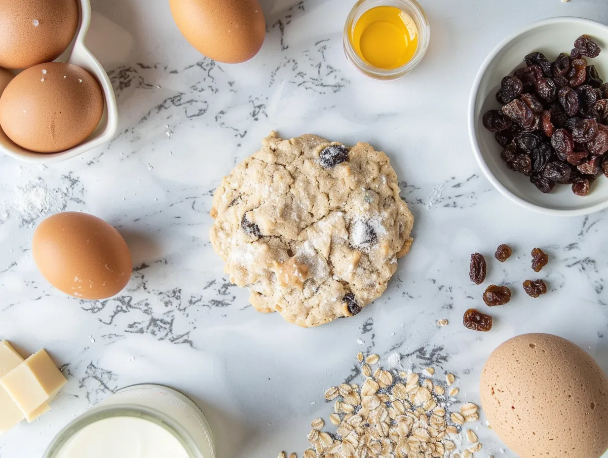 ingredients for oatmeal raisin cookies arranged on marble