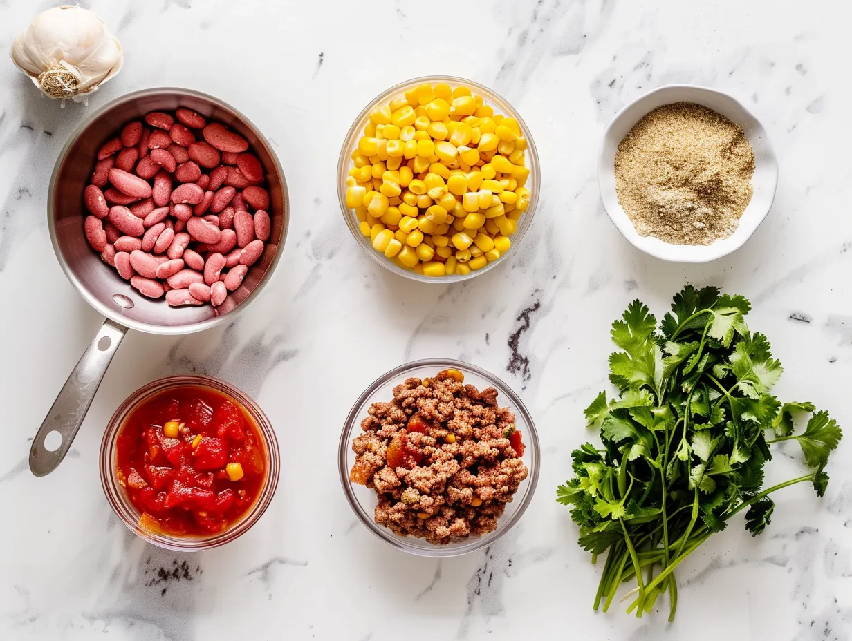 Ingredients for Taco Soup, including ground beef, canned beans, corn, and spices.