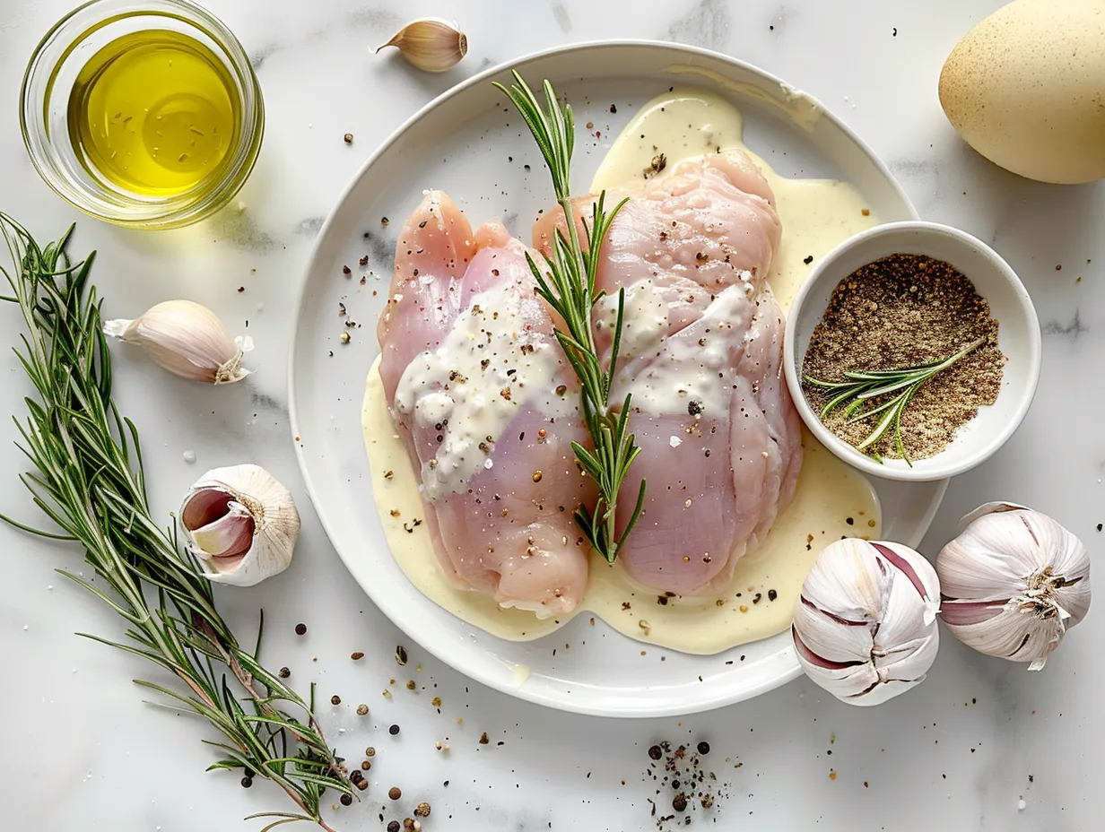 Ingredients for pretzel chicken with cheese sauce including chicken, pretzels, cheese, and spices.