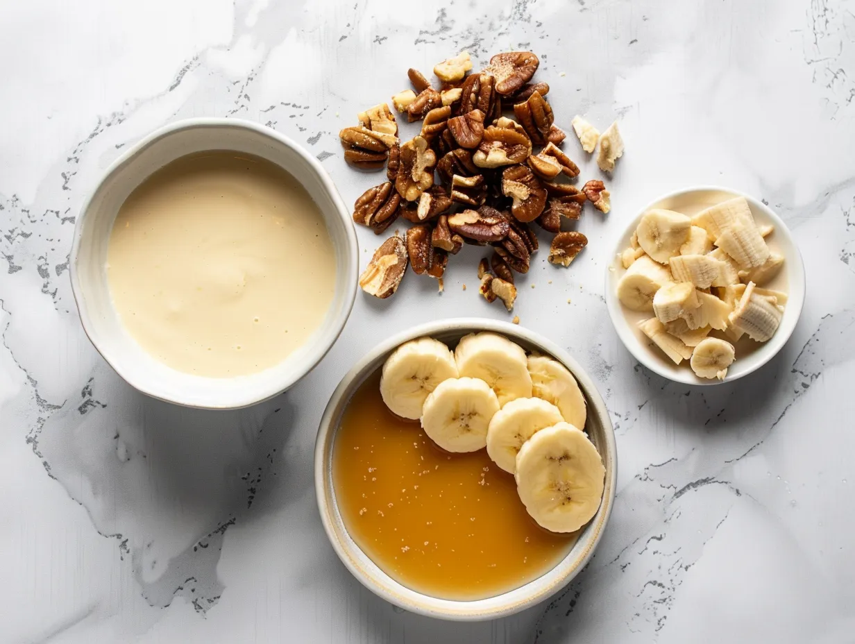 salted-caramel-banana-yogurt-bowl-ingredients-on-white-marble