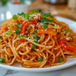 Teriyaki Noodles with Veggies on a Plate