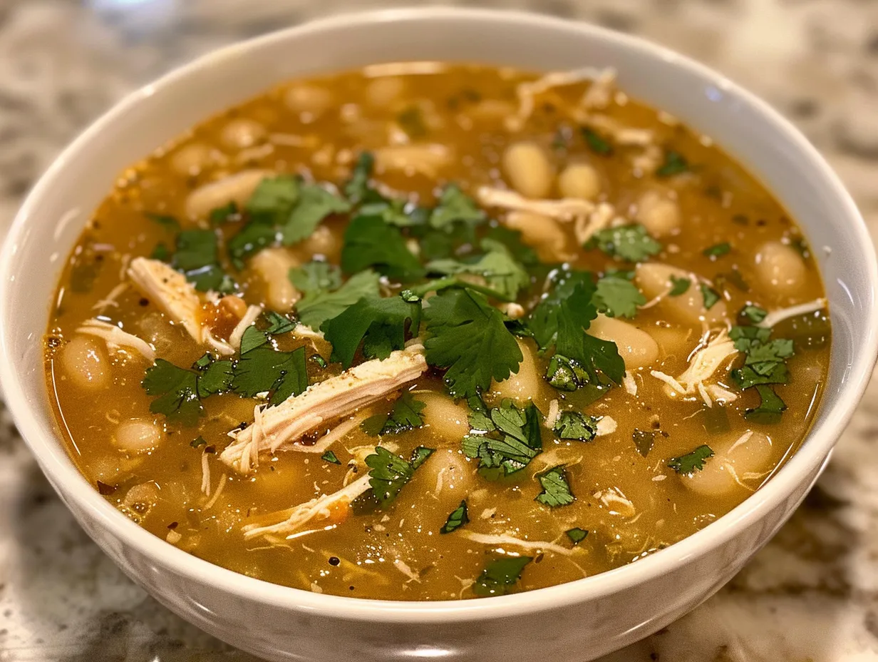White chicken chili in a rustic bowl